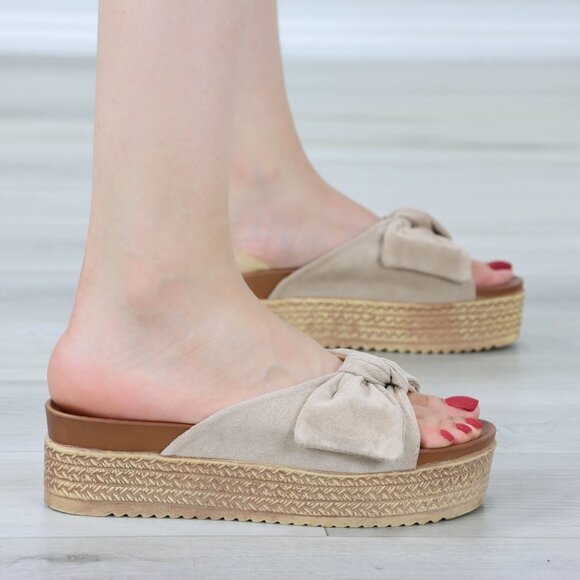 Suede Nude Bow Comfort Platform Sandal Slip On Sliders - Picture 6 of 14